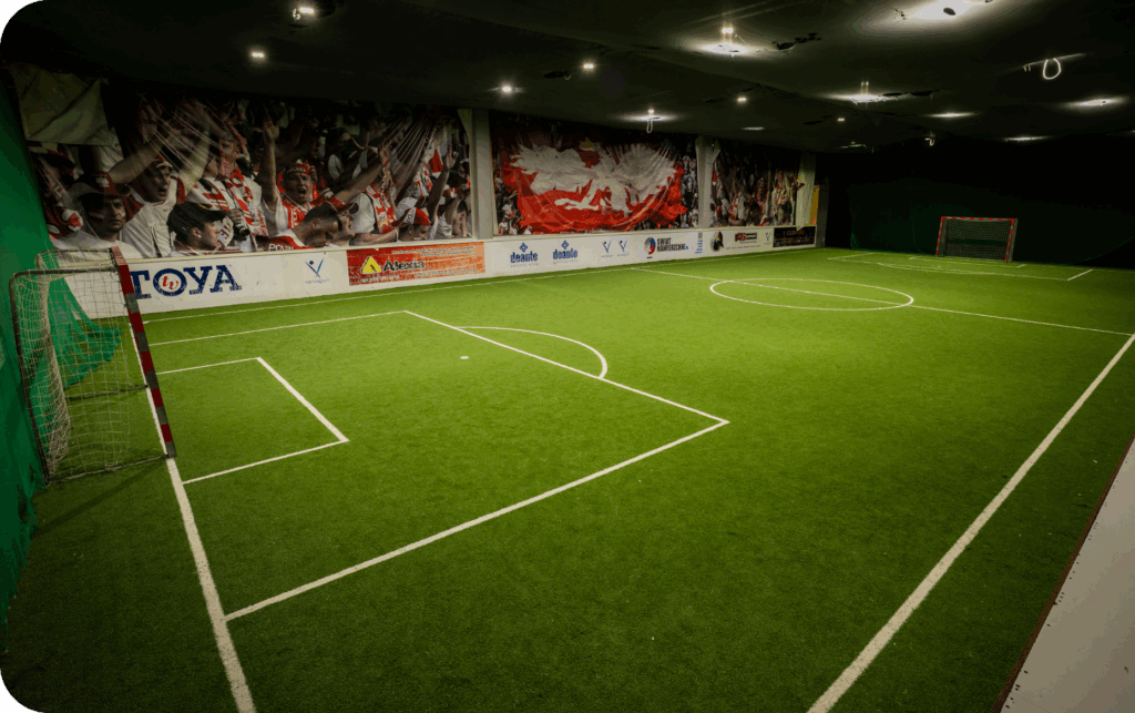 Kryte boisko piłkarskie Vera Sport z zieloną murawą i bramkami, w tle baner z kibicami i reklamami sponsorów.